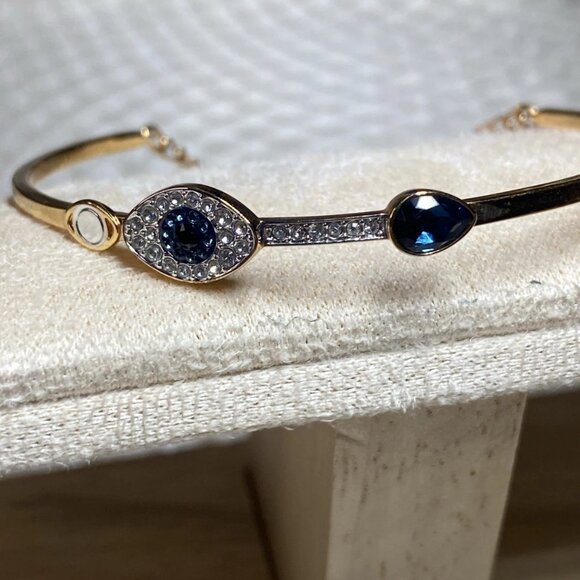 Swarovski Evil Eye Bangle Bracelet Gold-Tone Blue Crystal Small Swan Logo - Picture 9 of 13